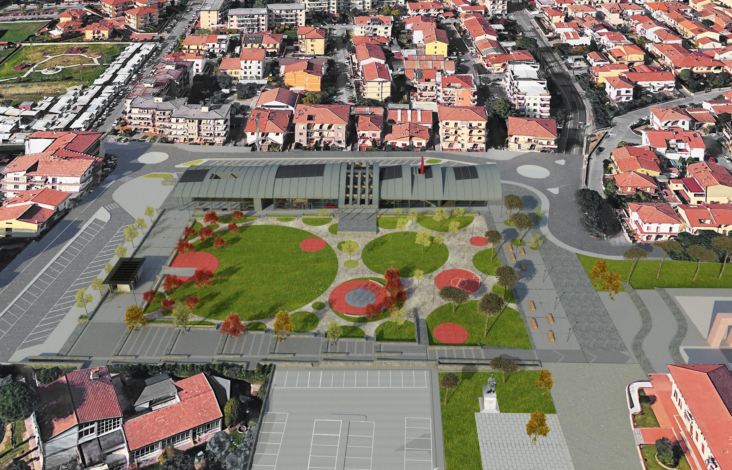 Il rendering mostra la zona dell'ex campo sportivo compresa la struttura commerciale