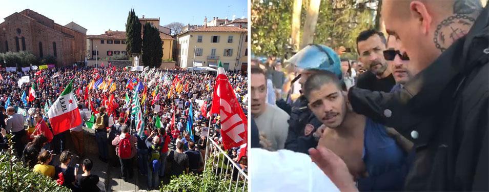 Migliaia in piazza a Prato contro il presidio di Forza Nuova: giovane aggredito dai neofascisti, scontri con la polizia - Video
