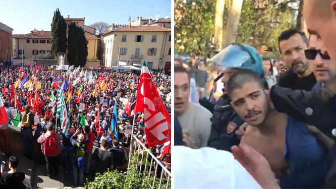Migliaia in piazza a Prato contro il presidio di Forza Nuova: giovane aggredito dai neofascisti, scontri con la polizia - Video