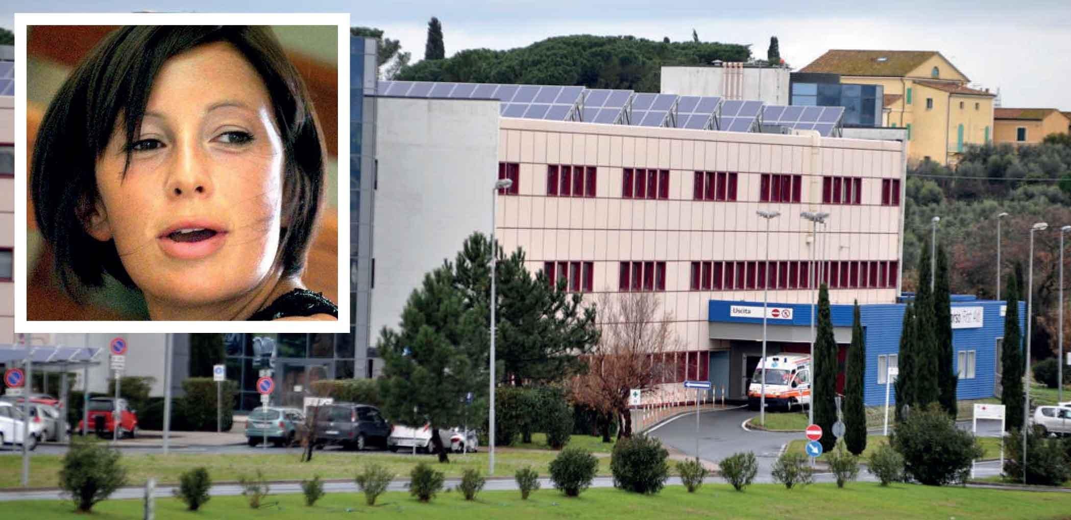 L'esterno dell'ospedale di Cecina e, nel riquadro, Irene Anelli
