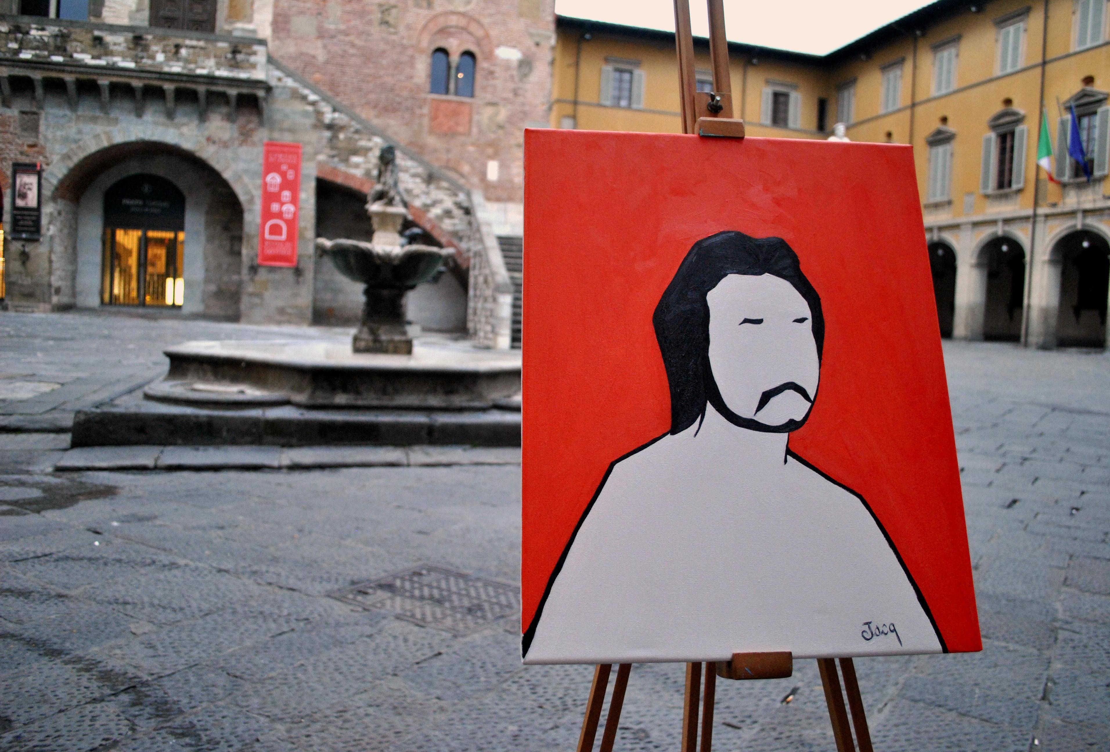 Il ritratto di Godenzio realizzato da Jacq in piazza del Comune