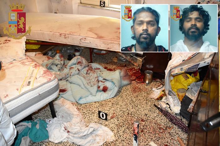 Nella foto la scena del crimine: la stanza dove è stato trovato prono il cadavere di Roshan Silva, 50 anni, cuoco ed ex militare, con il sangue sparso sulle coperte, il pavimento e il materasso della vittima. Nei riquadri i due connazionali in carcere con l’accusa di omicidio volontario in concorso