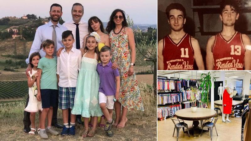 Riccardo Mencarelli e Marco Ciucci con le rispettive famiglie, nella foto in alto a destra quando, da ragazzi, giocavano a basket e sotto un interno della sede della loro società a New York. I due hanno creato una realtà imprenditoriale di grande valore. Tutto ha avuto inizio nel 1997 quando lavoravano per un’azienda di Prato che li mandò negli Stati Uniti per aprire un ufficio di rappresentanza