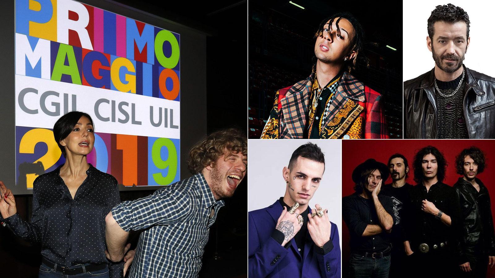 In senso orario, Ambra Angiolini e Lodo Guenzi, frontman dello Stato Sociale, confermati alla conduzione del Concerto del Primo Maggio. Ghali, fra i nomi di spicco del cast. Daniele Silvestri, porterà in piazza San Giovanni alcuni suoi successi. Achille Lauro, fra i più attesi corona al Concertone il suo momento di gradissima popolarità. Gli Zen Circus, fra i diversi toscani che saranno sul palco