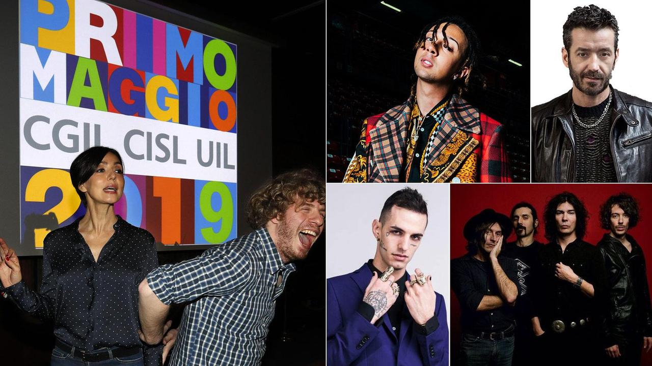 In senso orario, Ambra Angiolini e Lodo Guenzi, frontman dello Stato Sociale, confermati alla conduzione del Concerto del Primo Maggio. Ghali, fra i nomi di spicco del cast. Daniele Silvestri, porterà in piazza San Giovanni alcuni suoi successi. Achille Lauro, fra i più attesi corona al Concertone il suo momento di gradissima popolarità. Gli Zen Circus, fra i diversi toscani che saranno sul palco