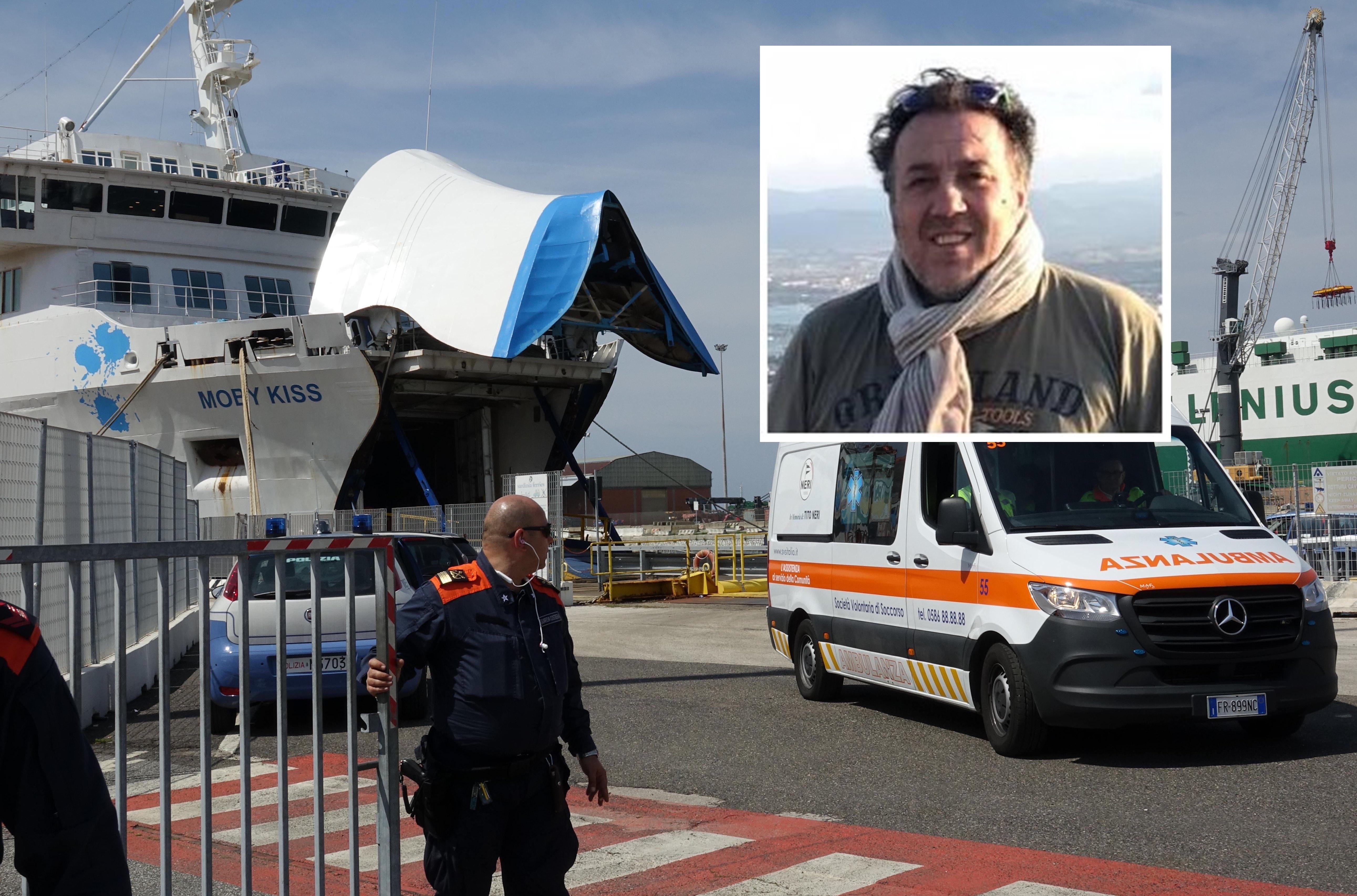 Un'immagine della nave dopo l'incidente. Nel riquadro la vittima, Vincenzo Langella