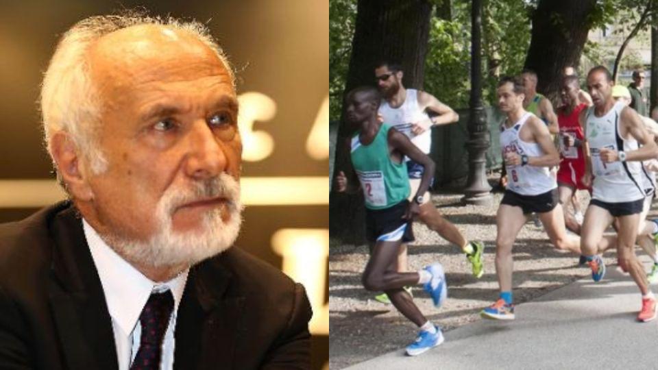 Il presidente della Fidal Alfio Giomi e un'immagine della mezza maratona di Lucca del 2017, l'ultimo anno in cui hanno corso atleti afrecani