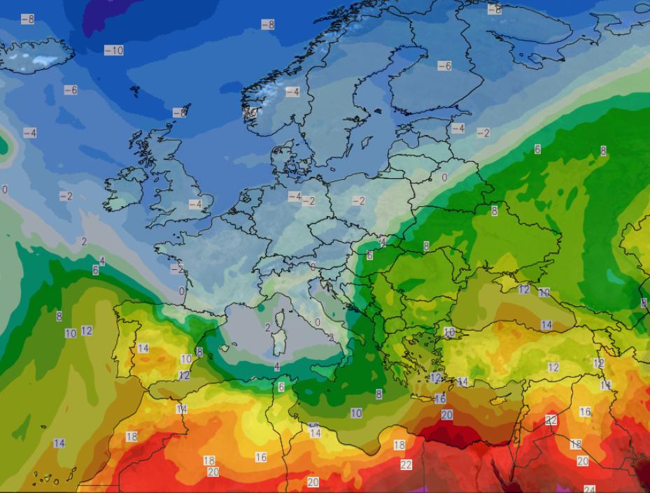 La mappa della temperatura prevista a 1400 metri circa domenica 5 maggio.