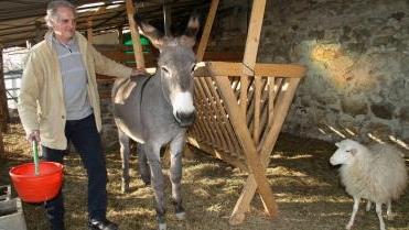 L’imprenditore Tissi insieme al montone Nando e all’asina Germana