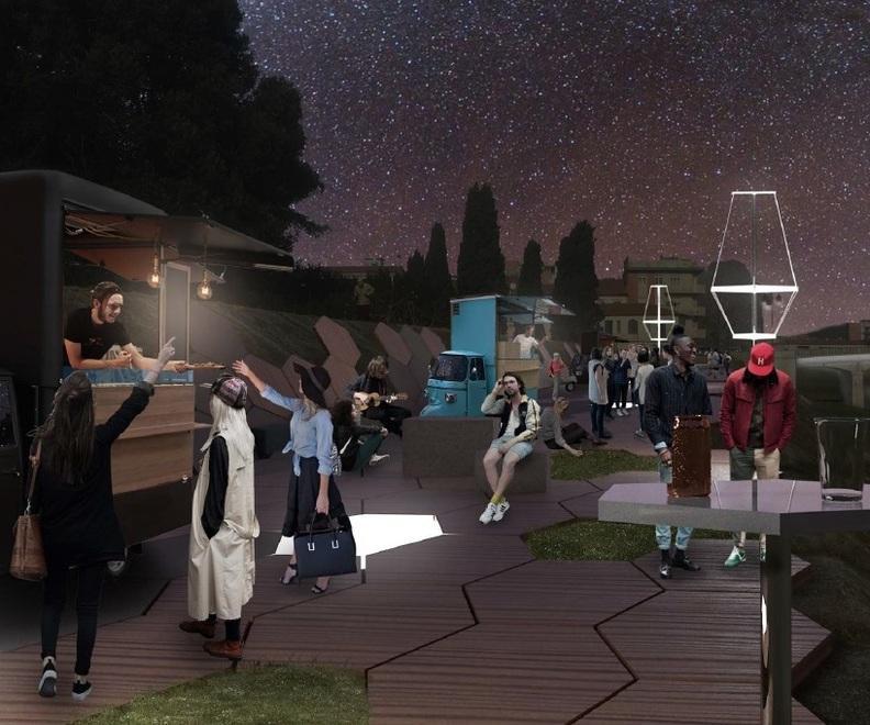 Il rendering che mostra il progetto del pub a cielo aperto lungo il fiume Era