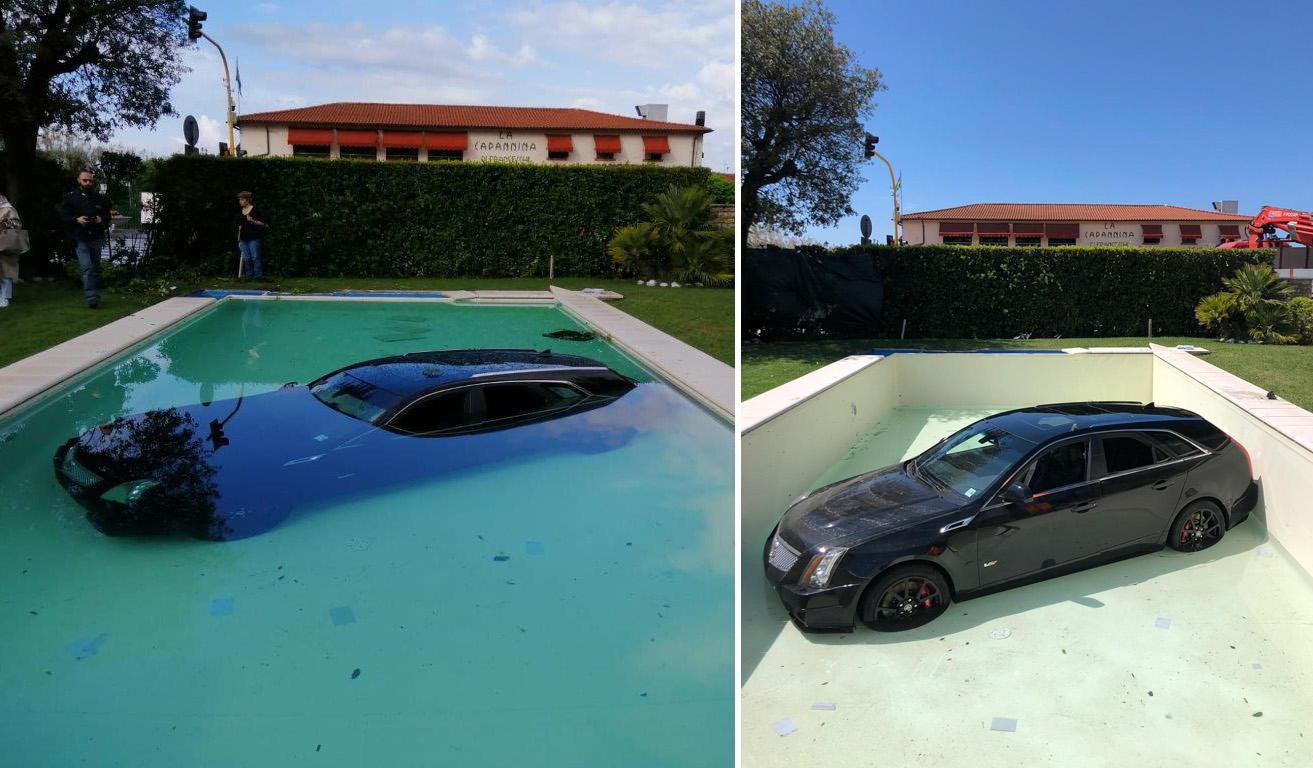 Con l'auto dentro la piscina: al volante il figlio del re dei dessert - Video