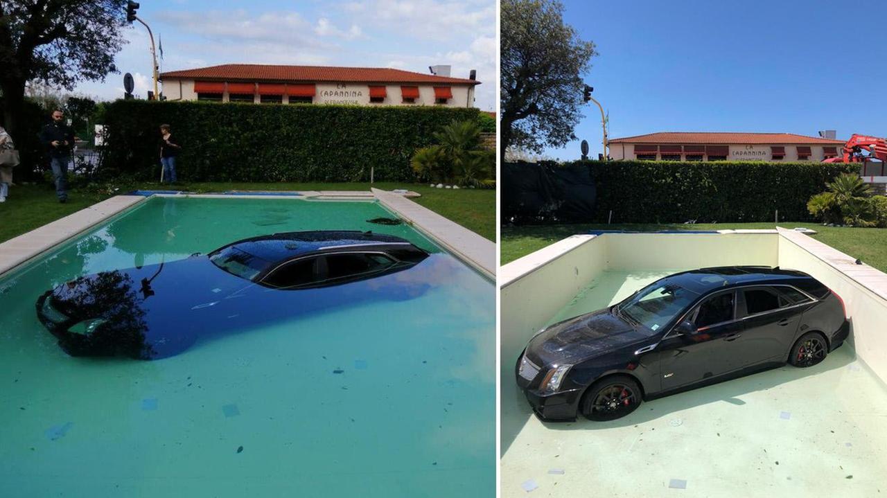 Con l'auto dentro la piscina: al volante il figlio del re dei dessert - Video