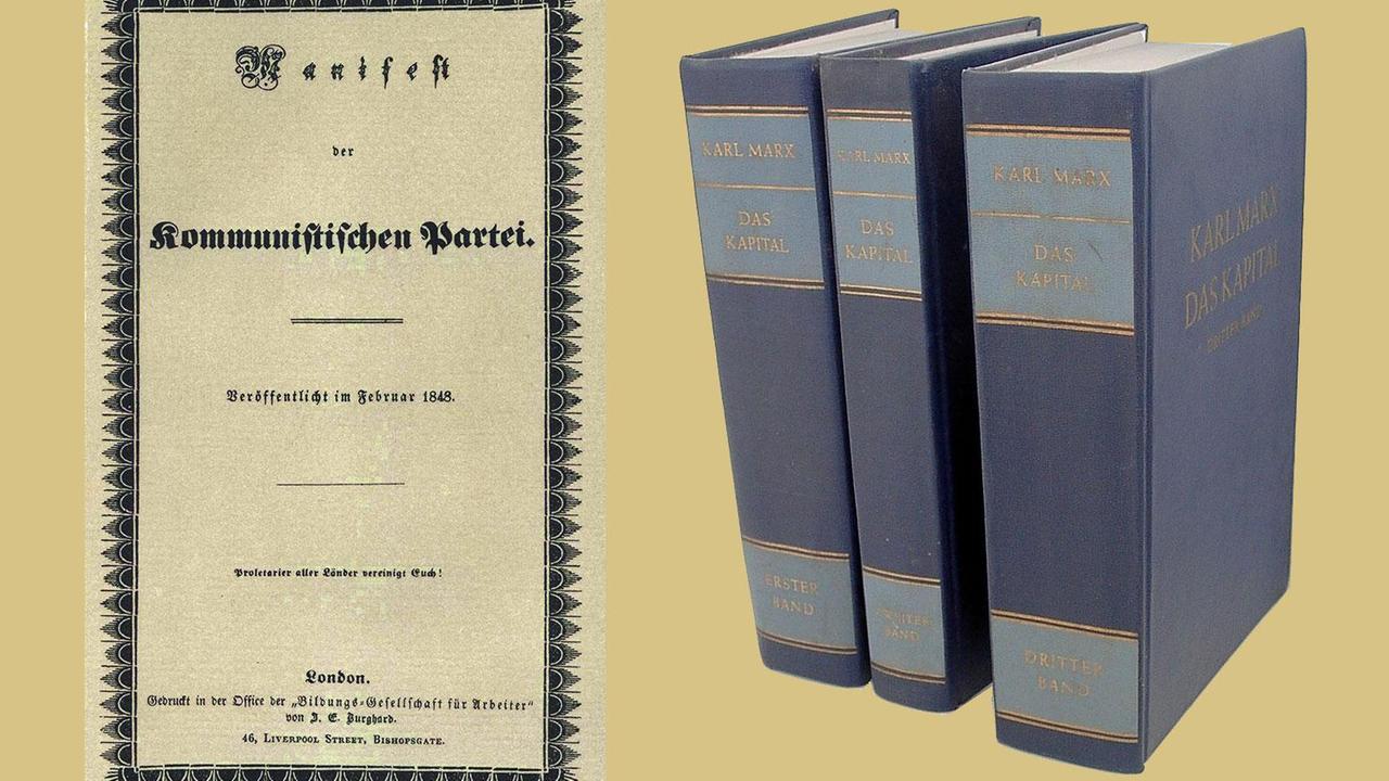 La copertina del Manifesto e i tre volumi del Capitale