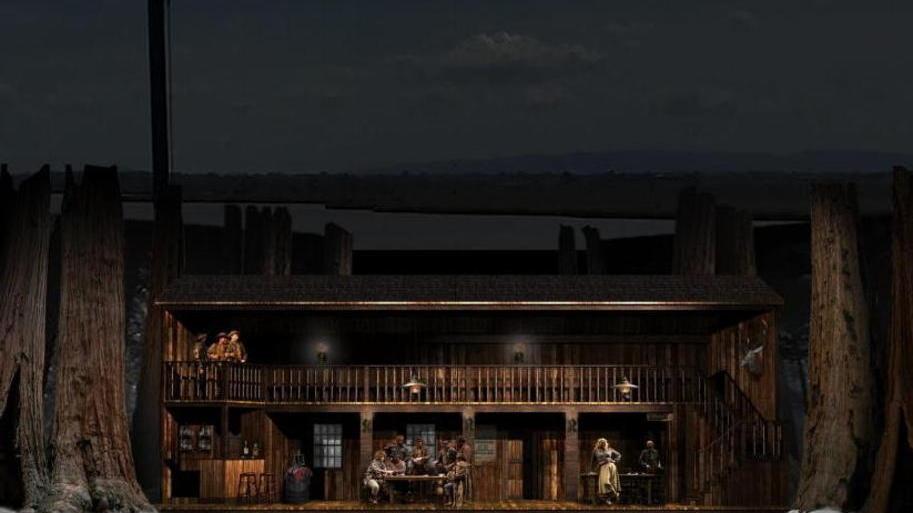 Il bozzetto della scenografia de "La fanciulla del west" che sarà realizzato dai carristi del Carnevale di Viareggio