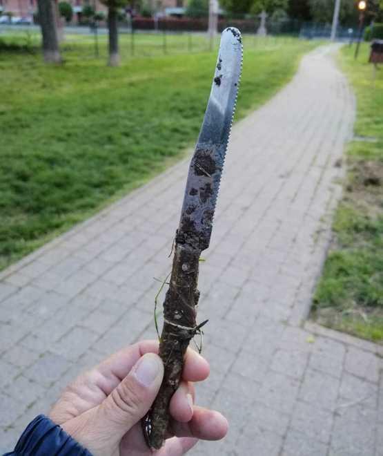 Un coltello conficcato a terra nello sgambamento per i cani
