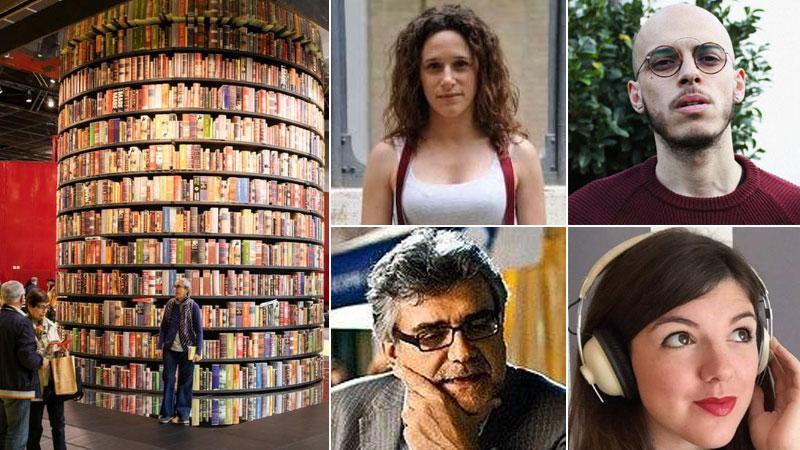 Un’immagine del Salone del Libro di Torino, in alto Valeria Parrella, Jonathan Bazzi, sotto Giancarlo De Cataldo e Irene Facheris