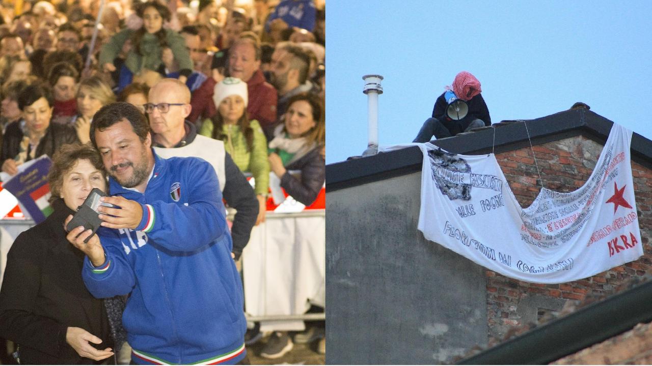 Salvini a Carpi tra applausi, selfie e qualche contestazione (cantata e con striscione)