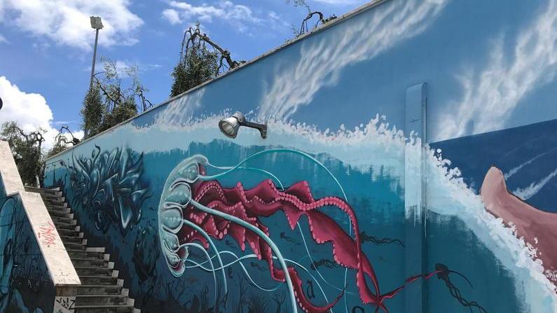 Uno dei murales realizzati sulle pareti dell'anfiteatro all'uscita del sottopasso