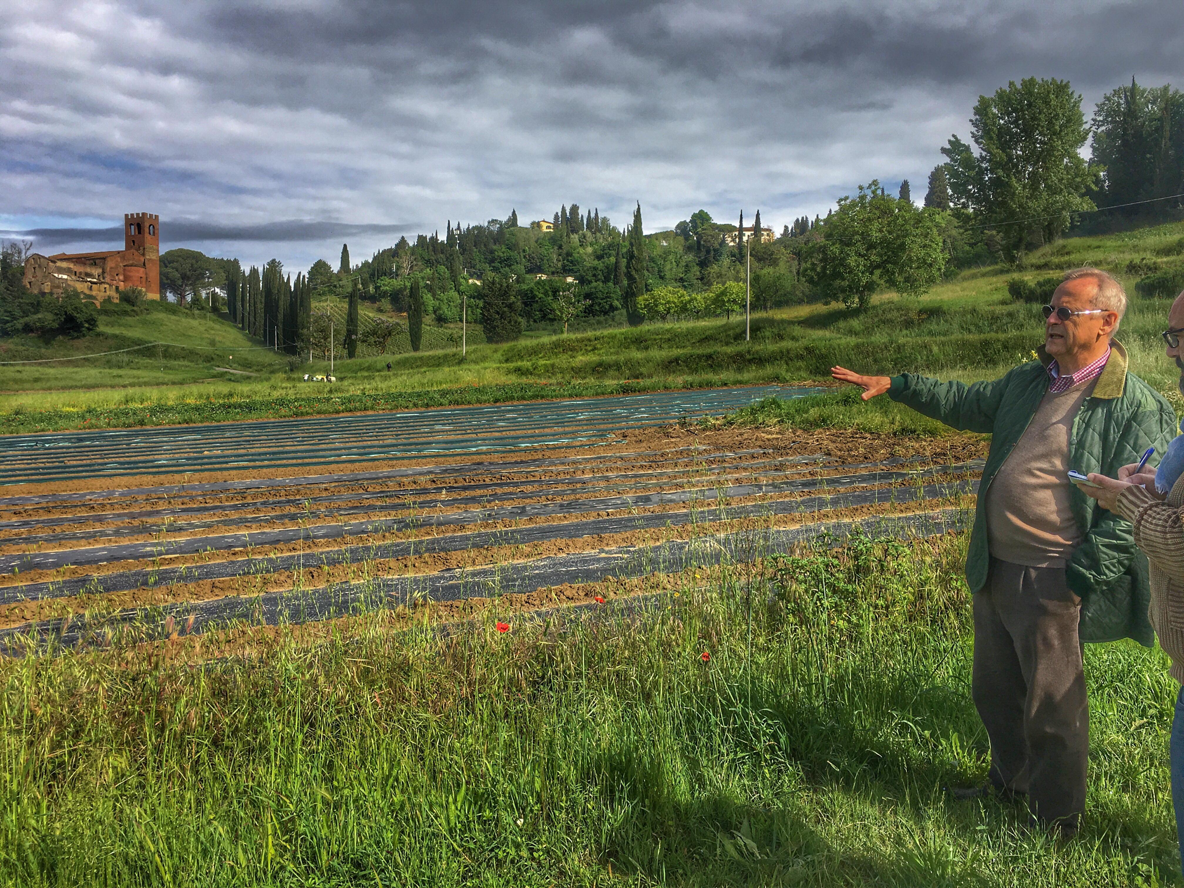 Carlo Agliardi davanti ai campi della tenuta delle Fattorie di Corazzano