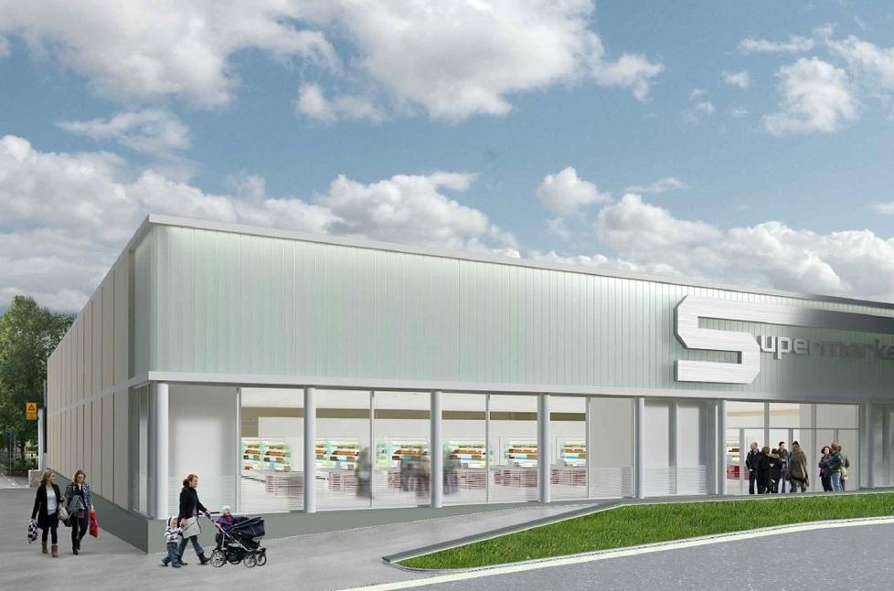 Uno dei rendering che mostra l'aspetto che avrà il nuovo supermercato, in base al progetto di ristrutturazione