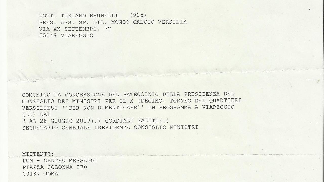 Strage di Viareggio: patrocinio della Presidenza del Consiglio al Torneo dei quartieri