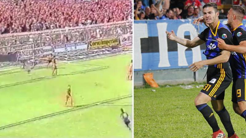 A sinistra l'esultanza della curva nerazzurra a Cremona dopo il secondo gol di Piovanelli, a destra Marconi dopo la rete del 2-2 alla Triestina