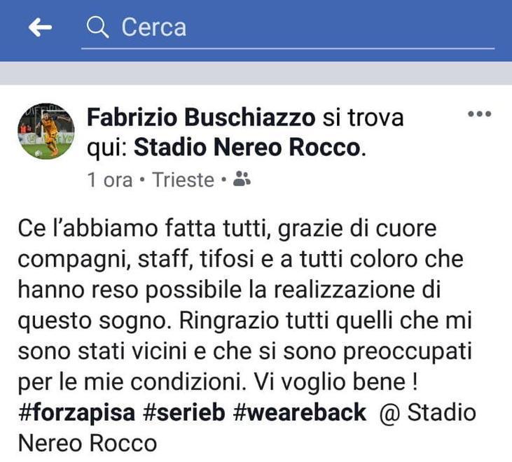 Buschiazzo, spavento passato Il difensore già dimesso dall’ospedale di Cisanello