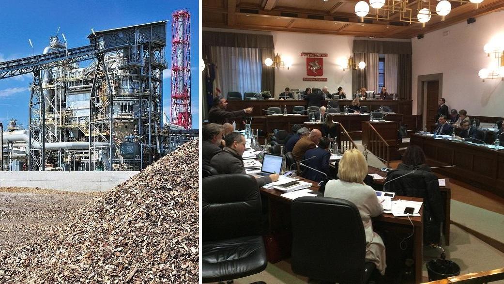 A sinistra l'inceneritore di Scarlino, a destra una seduta del consiglio regionale