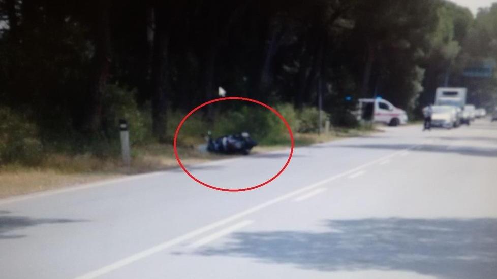 Lo scooter finito in terra dopo l’impatto con il capriolo sulla strada delle Collacchie