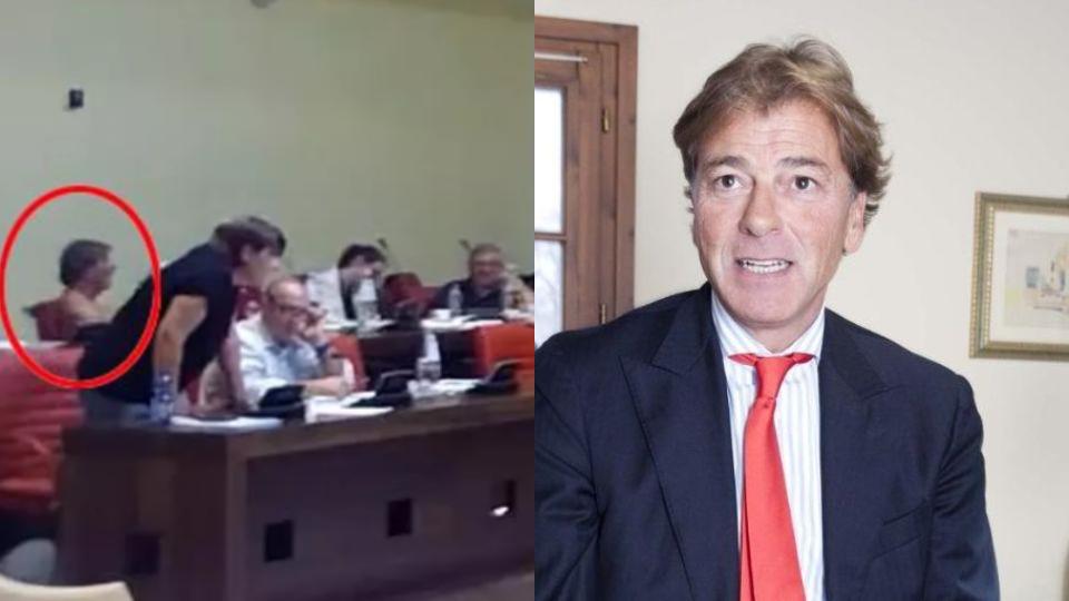 Giuliano Melani a torso nudo sui banchi del consiglio e in giacca e cravatta
