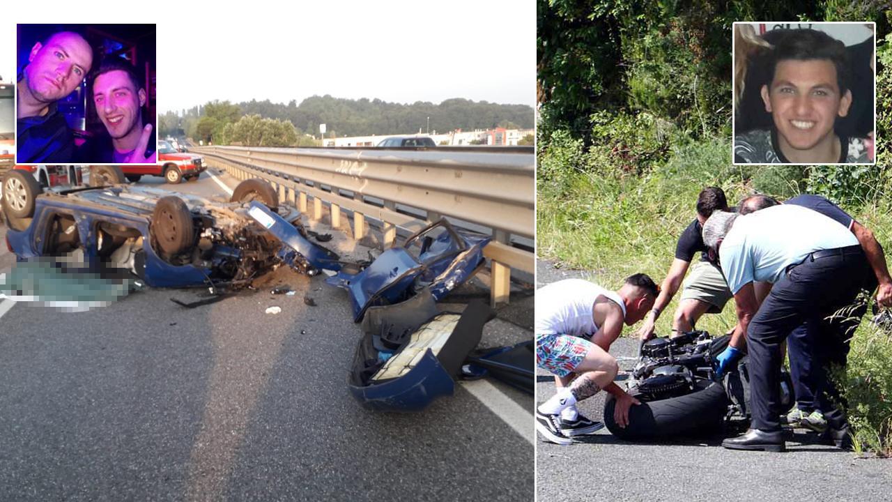 A sinistra l'incidente in Fi-Pi-Li: nella foto le vittime Federico Pelucchini e Edoardo Castellani. A destra quello di Massa: qui a perdere la vita Mattia Pucciarelli