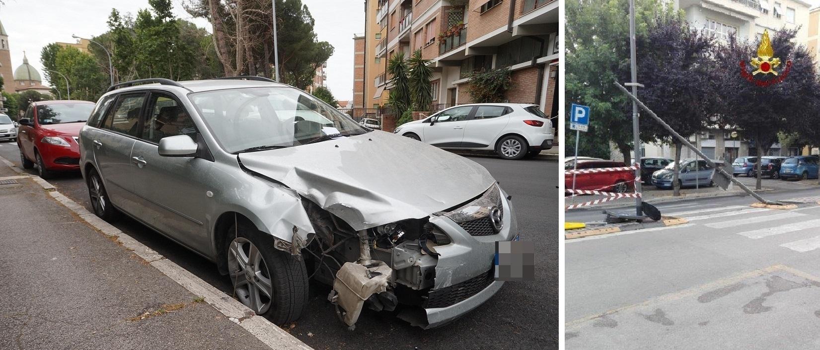 L'auto ammaccata dopo aver colpito il lamione (foto Agenzia Bf) e, a destra, il palo della luce abbattuto in via della Pace