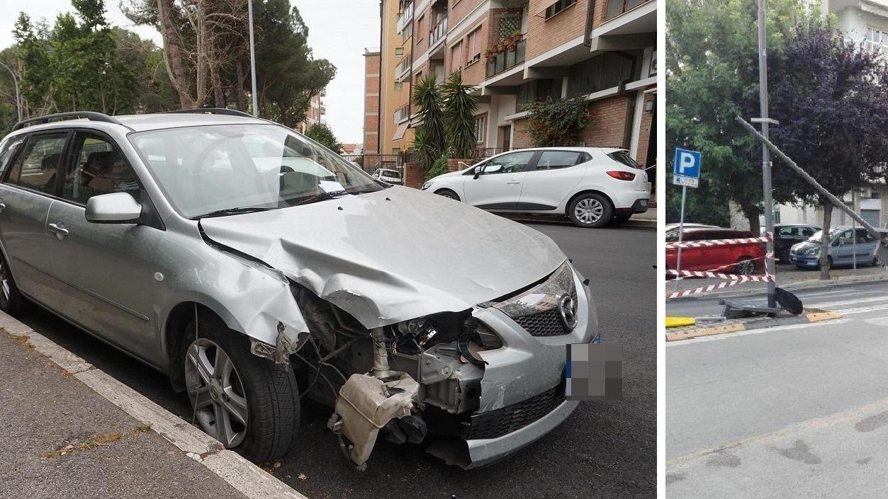 L'auto ammaccata dopo aver colpito il lamione (foto Agenzia Bf) e, a destra, il palo della luce abbattuto in via della Pace