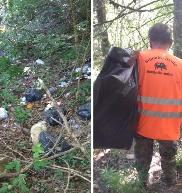 Una discarica nel bosco ripulita dai cacciatori 