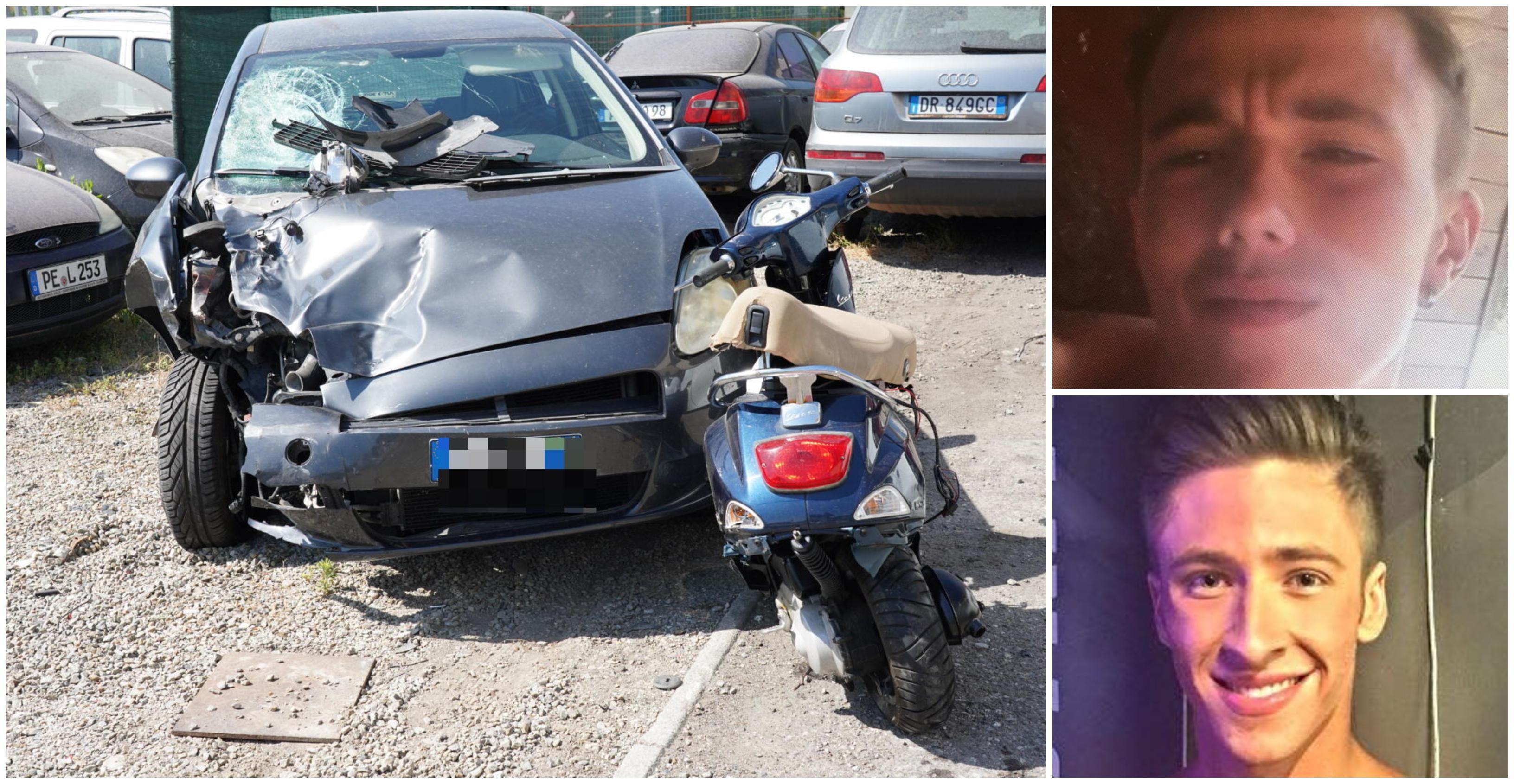 Nella foto grande l'auto e lo scooter coinvolti nell'incidente; a destra dall'alto Damiano Puntoni e Salvatore Callarelli