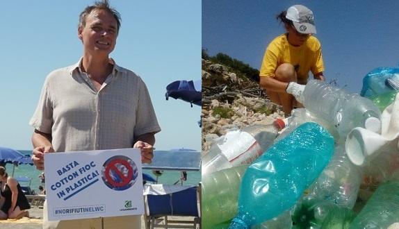 Angelo Gentili della segreteria di Legambiente e, a destra, una ragazza raccoglie bottiglie di plastica in spiaggia durante una campagna di Legambiente