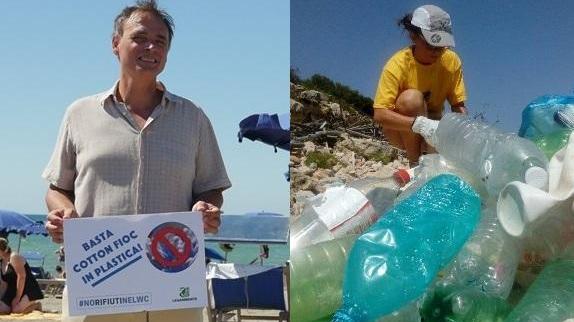 Angelo Gentili della segreteria di Legambiente e, a destra, una ragazza raccoglie bottiglie di plastica in spiaggia durante una campagna di Legambiente