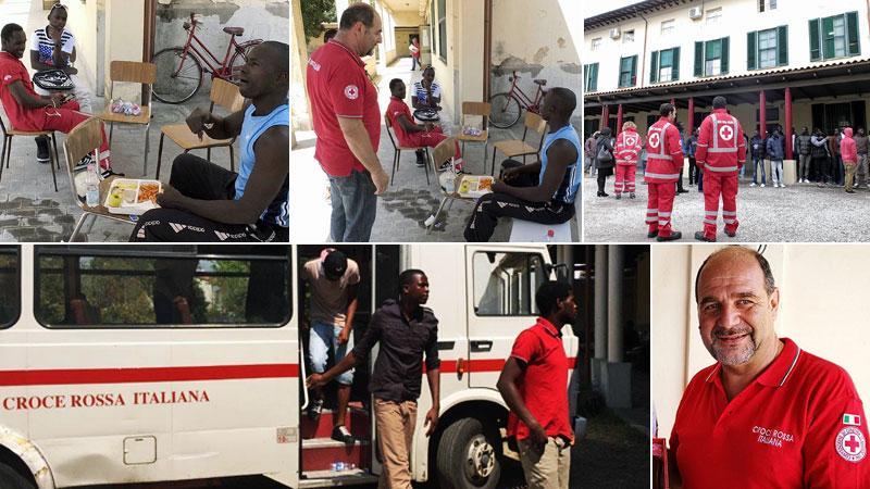 Qui sopra, Antonio Cerrai; in alto e nella foto grande : i volontari e Cerrai impegnati con i migranti nel centro di San Giuliano Terme