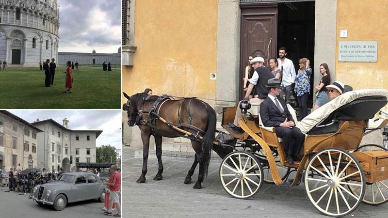 Sono cominciate ieri le riprese in città per la fiction Rai “Enrico Piaggio. Un sogno italiano”. Attori e comparse al lavoro, ieri mattina, per le prime riprese in piazza Duomo, il set allestito con auto d’epoca e carrozze in piazza dei Cavalieri foto servizio Fabio Muzzi)