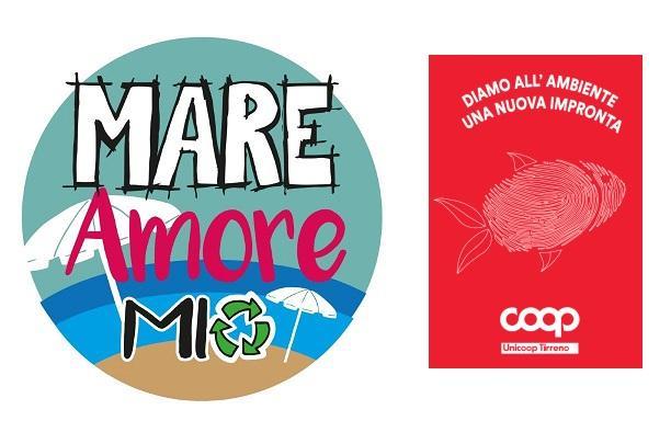 Il logo del gioco del Tirreno "Mare Amore Mio" e quello delle borracce messe in palio da Unicoop