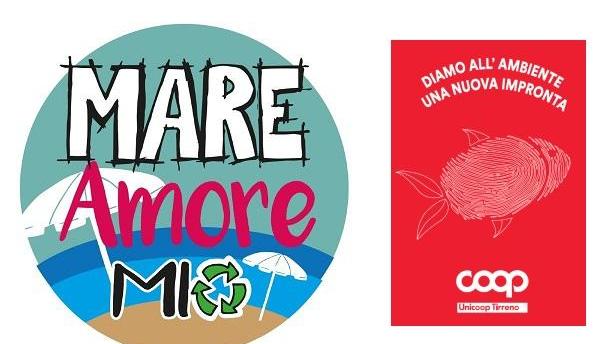 Il logo del gioco del Tirreno "Mare Amore Mio" e quello delle borracce messe in palio da Unicoop
