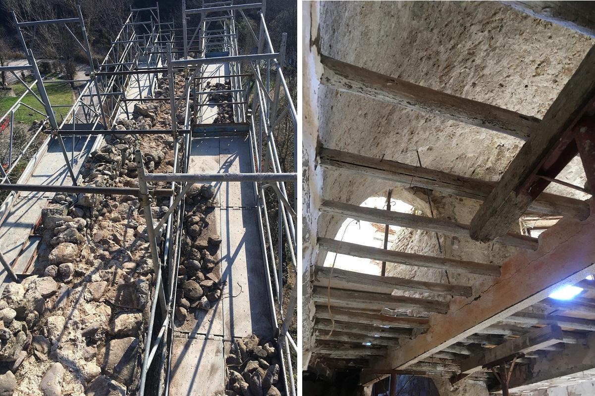 Il camminamento scoperto sopra le mura quattrocentesche e un interno