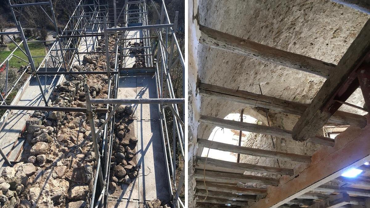 Il camminamento scoperto sopra le mura quattrocentesche e un interno