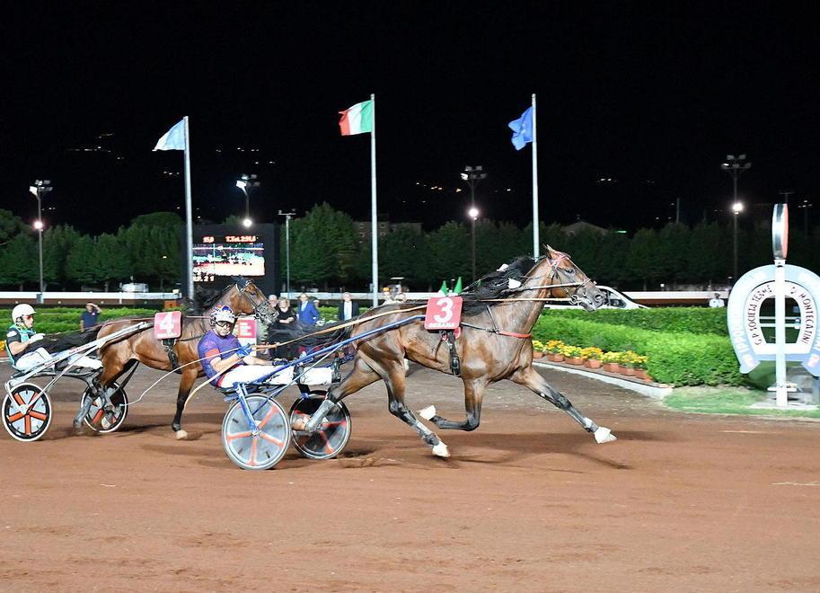 La volata vincente di Argentovivo, il  figlio di Varenne che  ha vinto il Gran premio Società Terme all’ippodromo Sesana (Foto Rosellini)