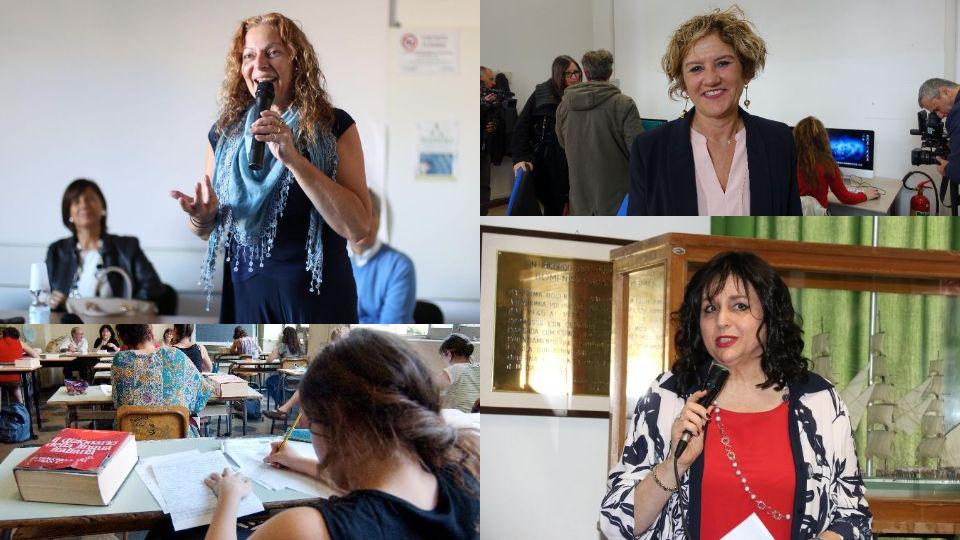 Da sinistra, in senso orario: Tania Pascucci, Manuela Mariani, Nedi Orlandini e studenti durante la maturità di un liceo
