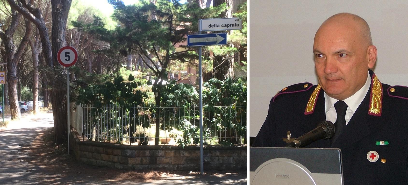 Il cartello con il segnale di limite di velocità a 5 chilometri orari all'incrocio tra via dell'Argentario e via Capraia e, a destra, 
Luciano Mattarelli, portavoce nazionale dell’Anvu - Associazione professionale polizia locale d’Italia