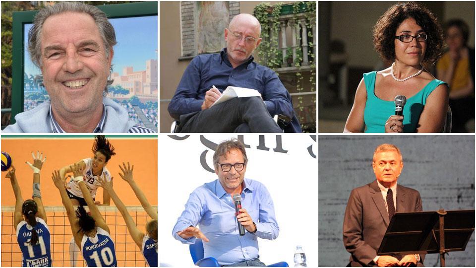 In altro da sinistra l’ex tennista e commentatore televisivo Paolo Bertolucci, lo scrittore e giornalista Paolo Rumiz e la scrittrice e giornalista Benedetta Tobagi, la pallavolista Nadia Centoni impegnata contro un muro, lo psicanalista e saggista Massimo Recalcati e il giornalista Ezio Mauro