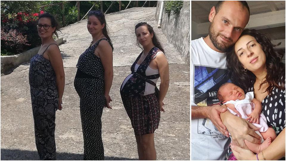 Le tre cognate in dolce attesa e Mirko e Sissi con la piccola Bianca