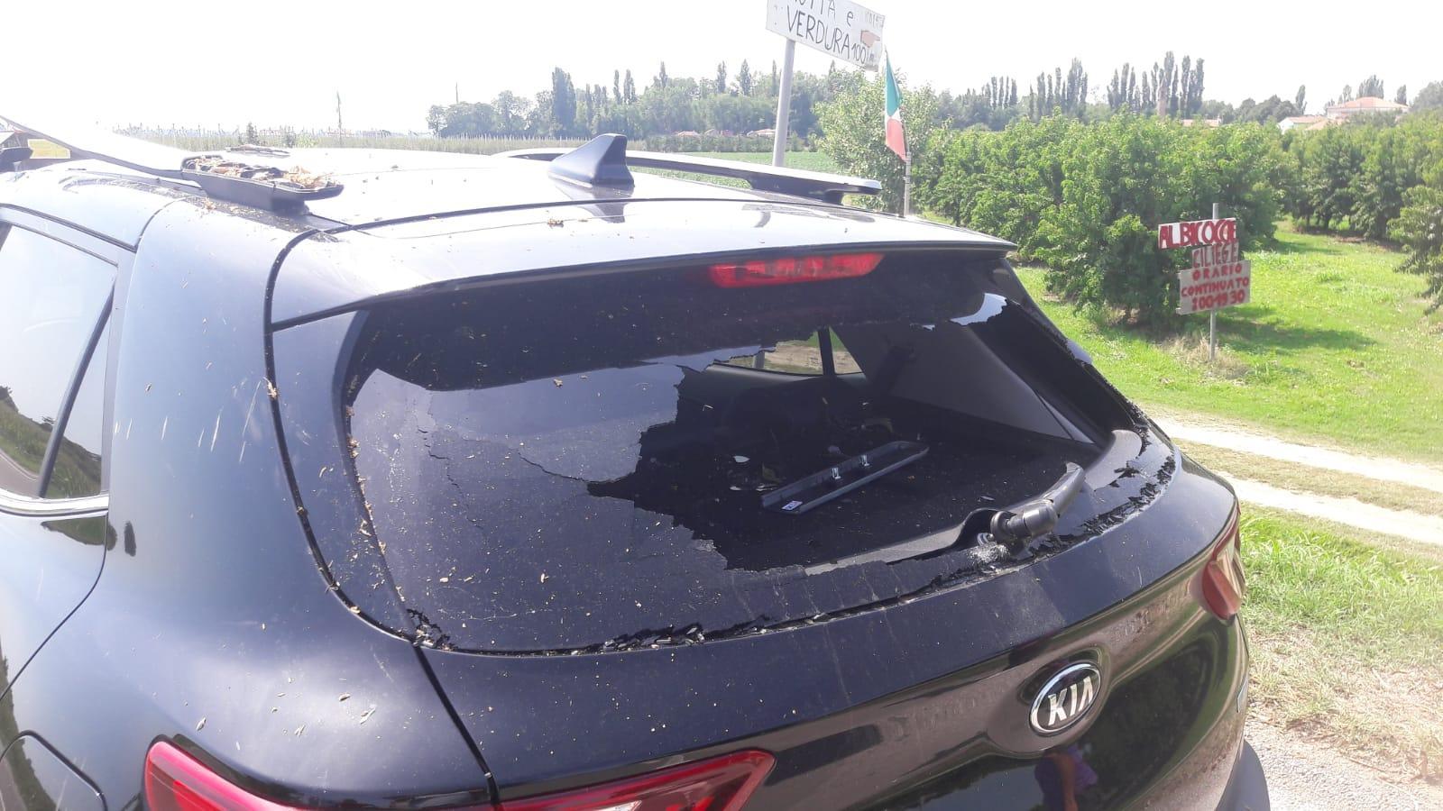 Il lunotto posteriore dell'auto sfondato dal pioppo caduto sulla statle 16