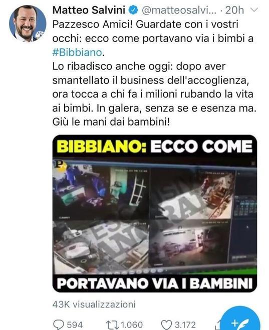 l tweet del ministro dell’Interno Matteo Salvini